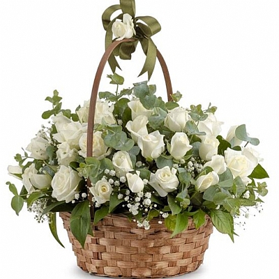 Hasır Sepette 25 Beyaz Gül